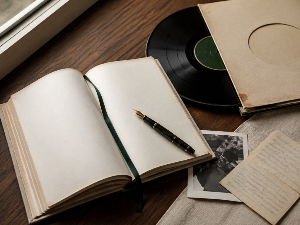 Open journal, vintage record, family photograph, and handwritten recipe arranged on a dark wood table.